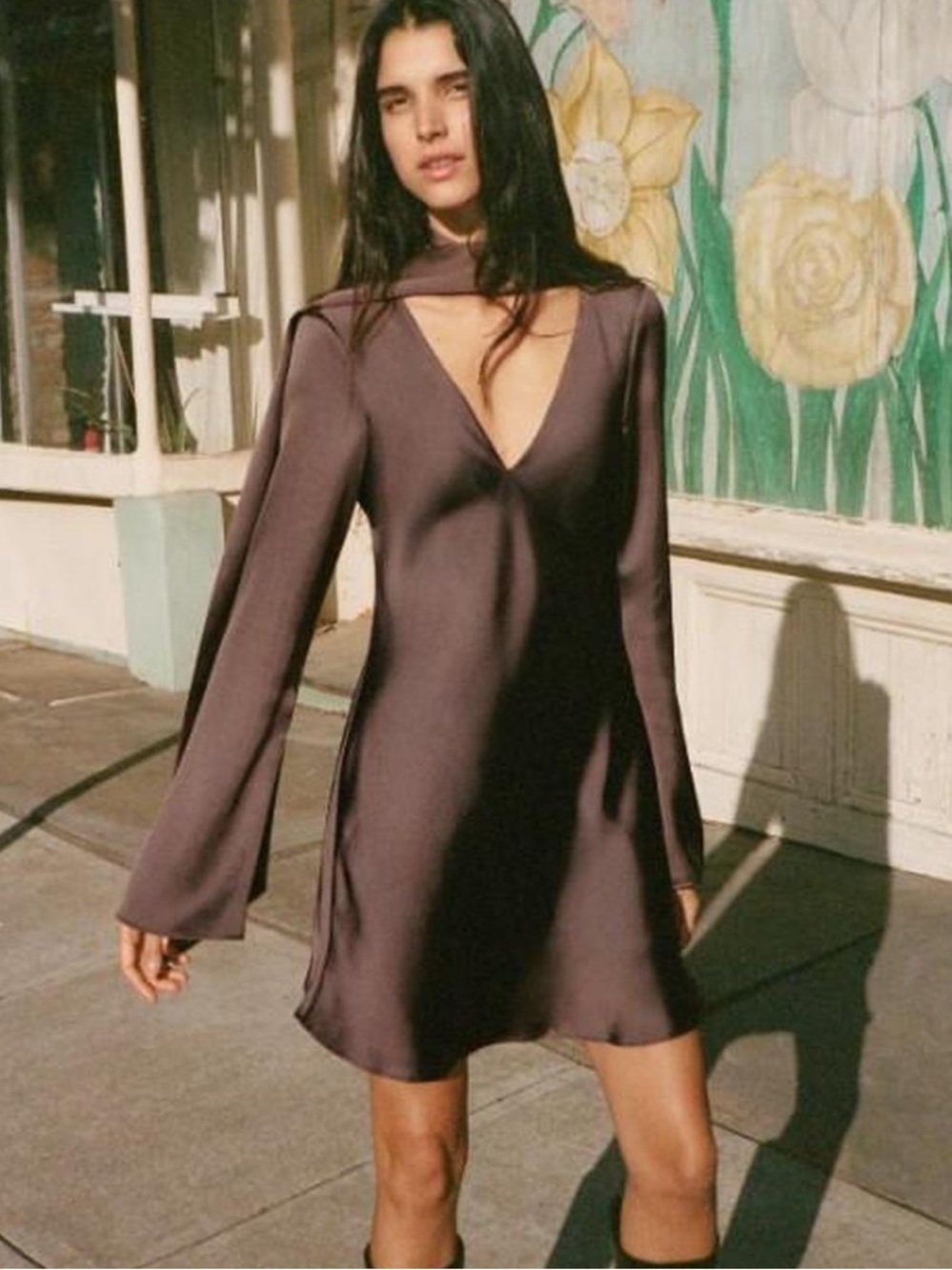 Zara Plum Satin V-Neck Mini Dress